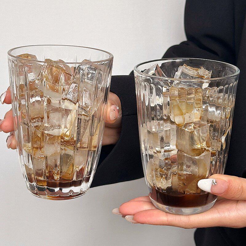 ins冰美式拿铁咖啡杯简约竖条纹玻璃杯家M用喝水杯子冷萃杯摩卡杯