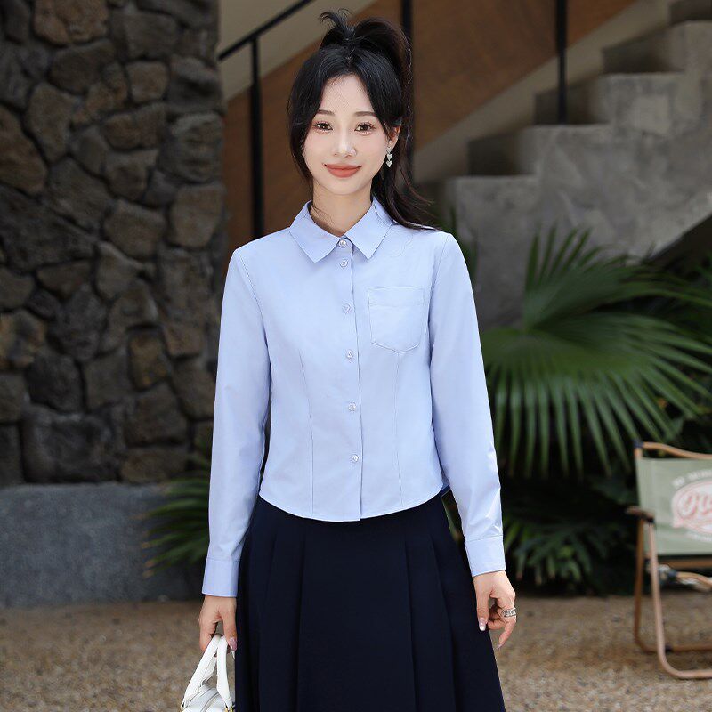 小个子长袖短款衬衫女2024新款设E计感小众收腰显瘦职业面试白衬