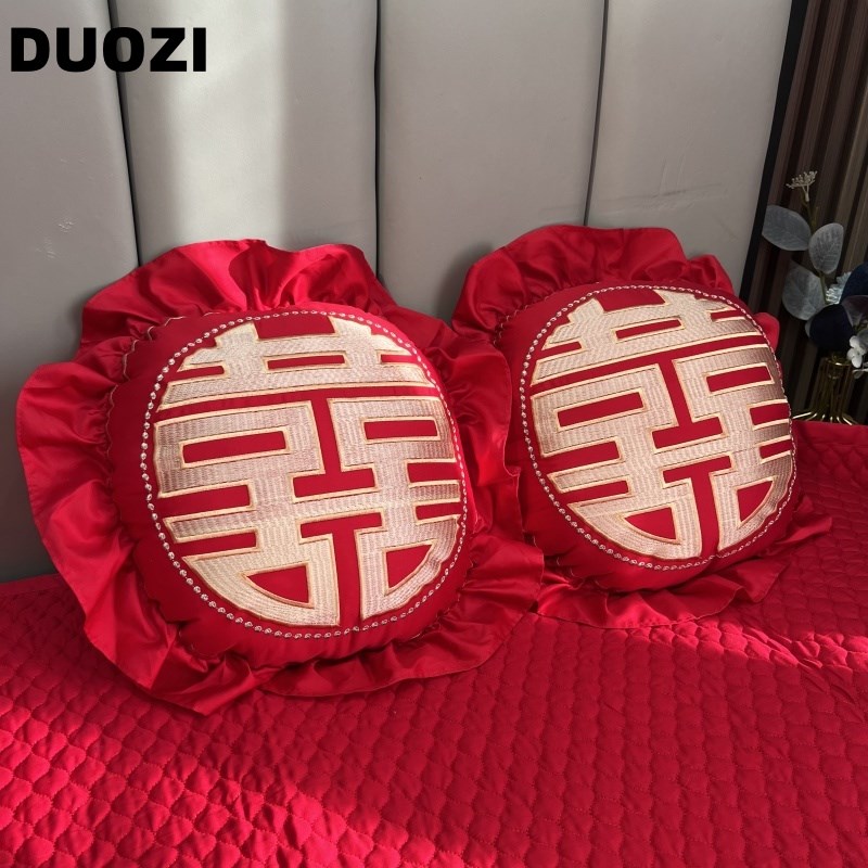喜庆红色小抱枕结婚节日过年大红纯棉刺绣靠枕婚庆婚房铺床送礼