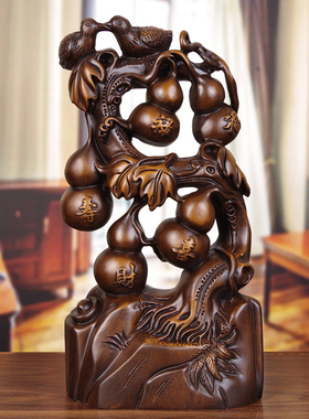 五福葫芦摆件实木雕刻手工艺品客厅玄关电视酒柜装饰乔迁新居礼品