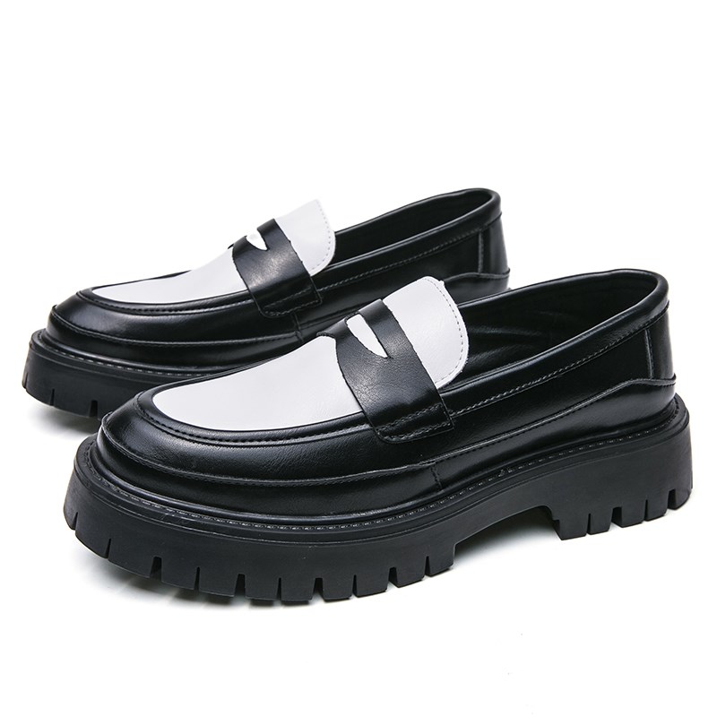 英伦风男士黑白拼色皮鞋内增高6CM8青年懒人套脚厚底增高圆头皮鞋