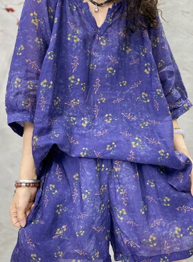 欧货高贵紫色麻料套装女夏款 时尚显F瘦大码宽松百搭气质两件套潮