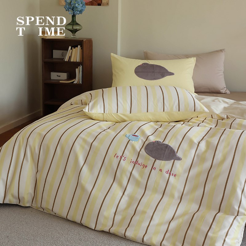 花时间生活卡通条纹纯棉被套床单100支婴儿棉磨毛刺绣床上四件套