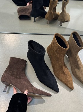 2024秋冬气质细跟加绒裸靴套筒弹力瘦瘦靴子小猫跟尖头绒面短靴女