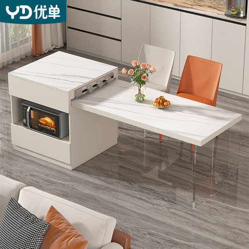 奶油风岛台餐桌一体小o户型岩板亚克力透明腿悬浮可伸缩茶桌E34