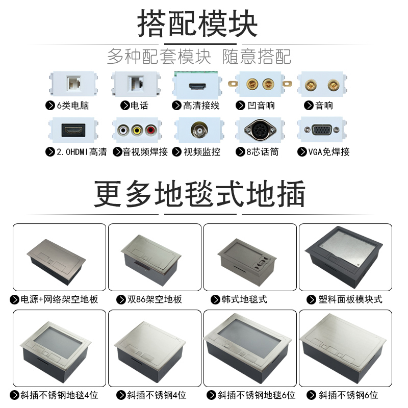 地毯式地插开启式隐藏架空静电地板不锈钢侧插四位86面板地毯插座