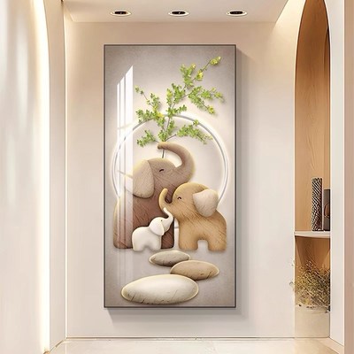奶油风大象玄关装饰画带灯入户走廊尽头挂画寓意好客厅过道发光画
