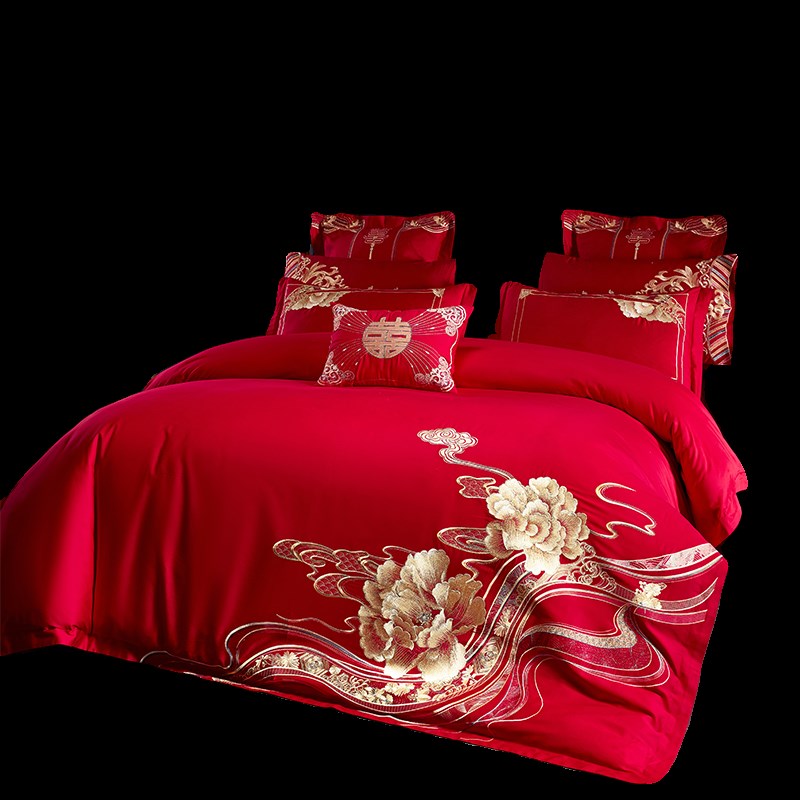 结婚庆床品四件套大红色喜庆被套床单式全棉纯棉牡丹花刺绣四季款