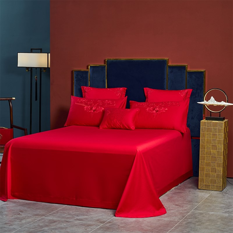 中式200支长绒棉结婚四件套红色100纯棉全棉被套六八件套婚庆床单