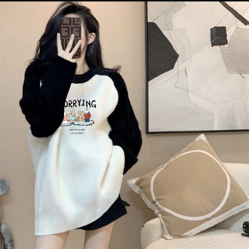 德绒打底衫女秋冬新款拼色插肩袖A中长款遮屁股宽松显瘦加厚T恤潮