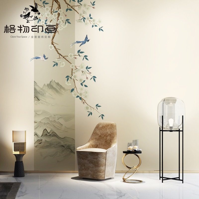 新中式淡雅圆月花鸟电视背景墙纸壁布书房卧室环保防潮无纺布壁画