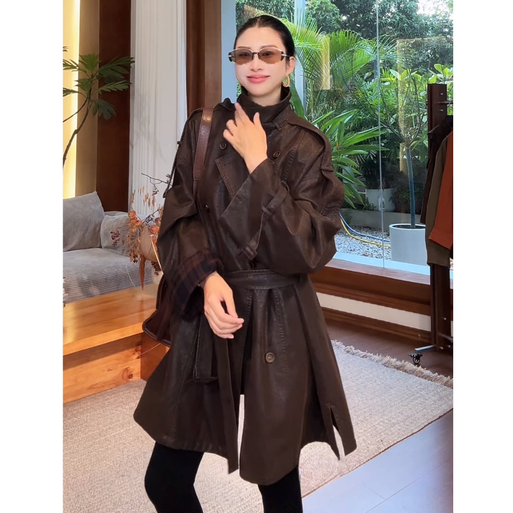左小七【蒲公英中长款皮风衣】美拉德皮风衣女2026双排扣气质皮衣