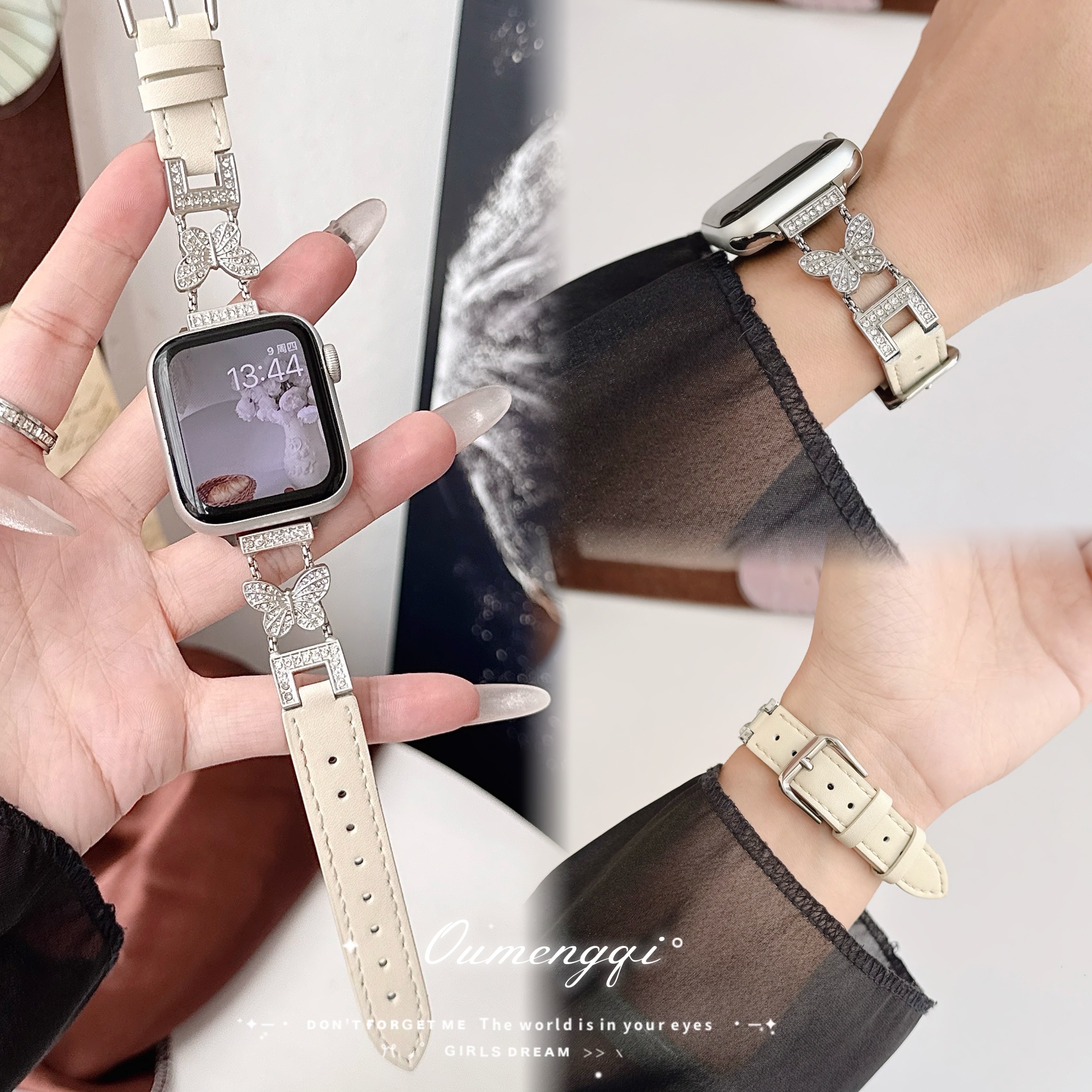 闪钻蝴蝶链条皮质iwatch手表表带