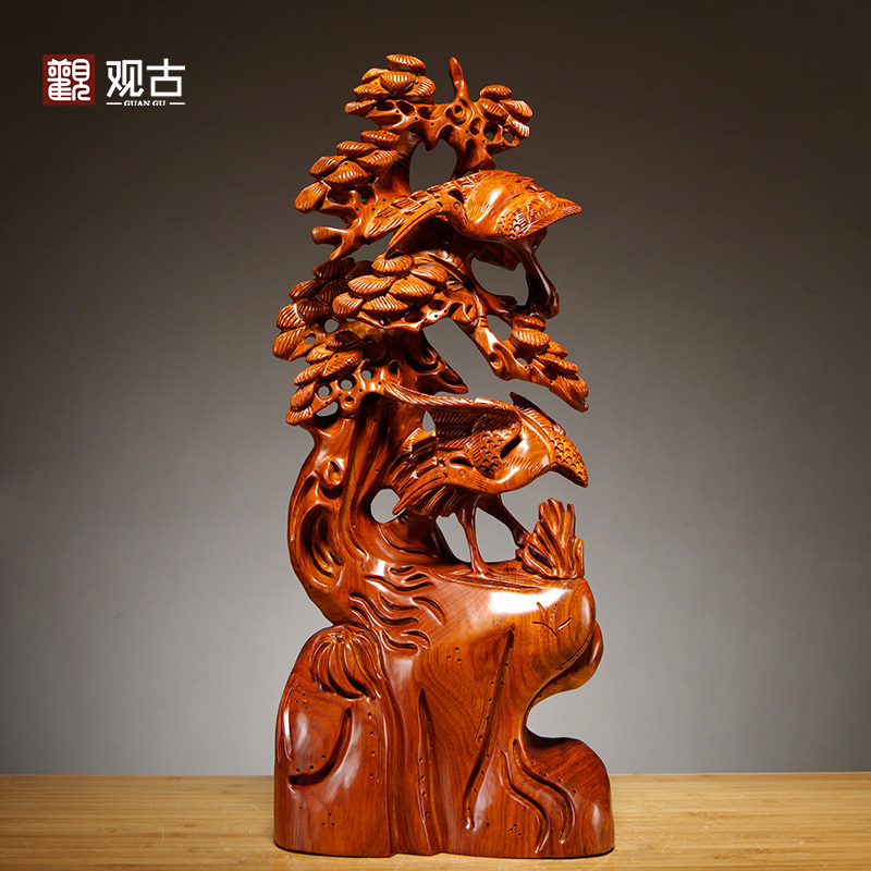 花梨木雕刻松鹤延年根雕摆件红木工艺品家居客厅装饰摆设贺寿送礼