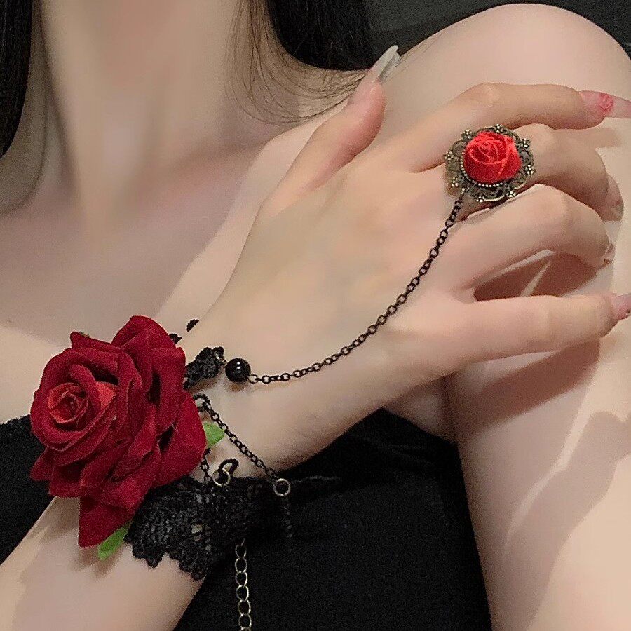 手链玫瑰新款饰品时尚花朵复古蕾丝戒指一体手饰复古文艺小清新