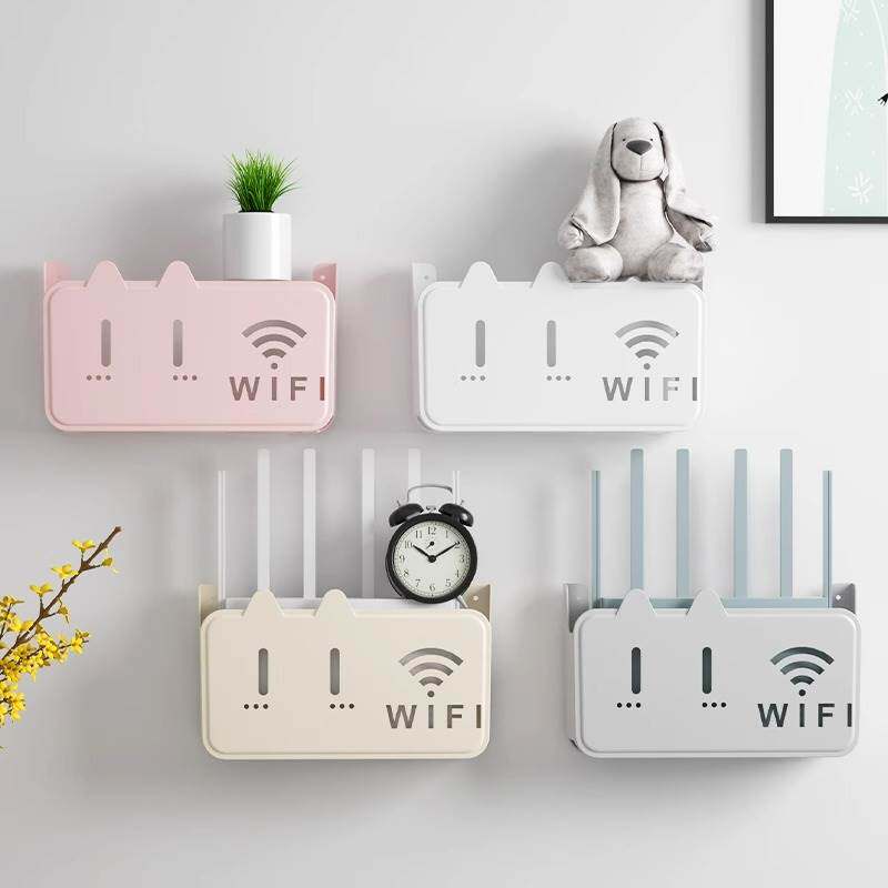 卡通猫头路由器收纳盒壁挂式免打孔WiFi信号遮挡电视机顶盒置物架