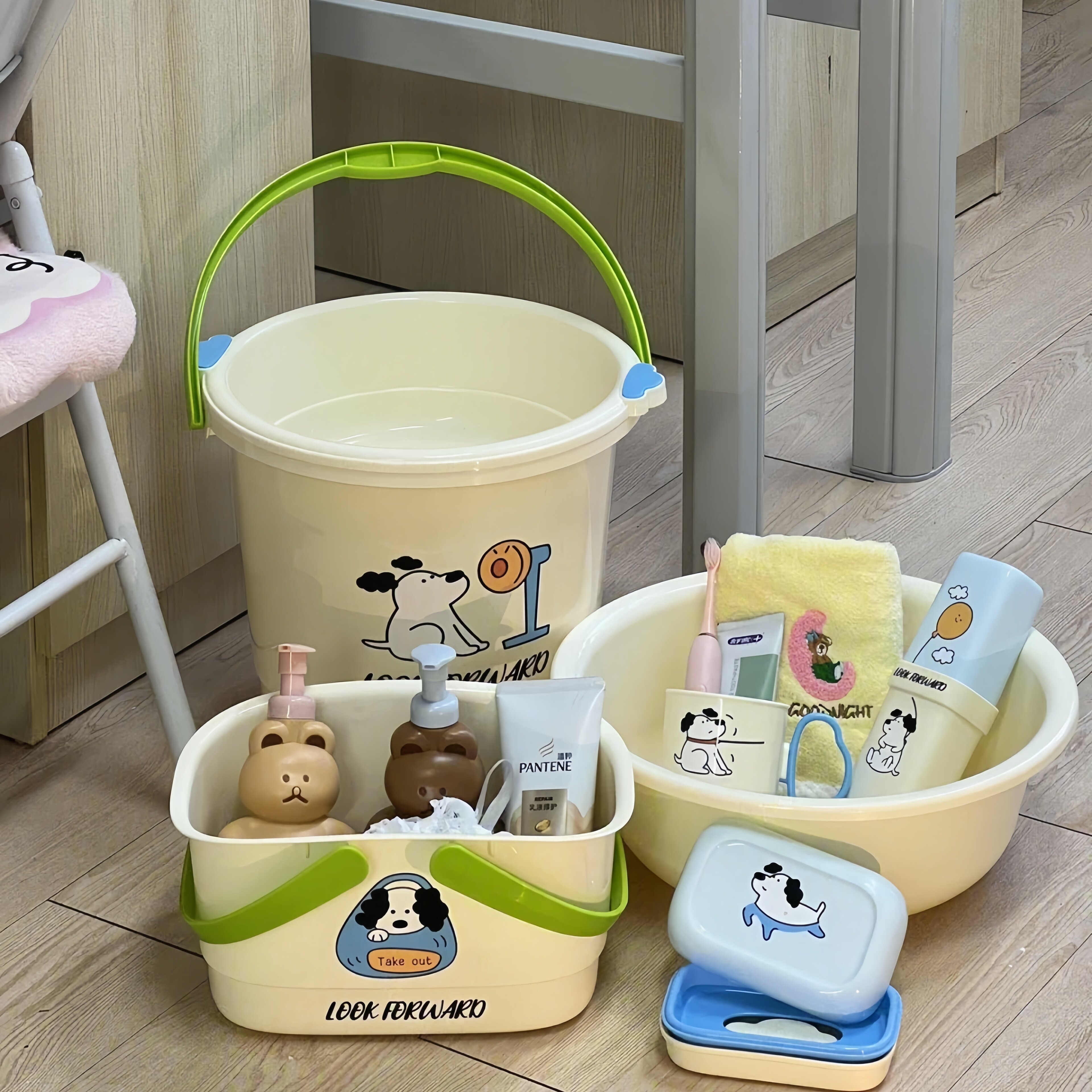 PP环保卡通小狗手提水桶三件套新生开学宿舍好物盆桶套装开学用品