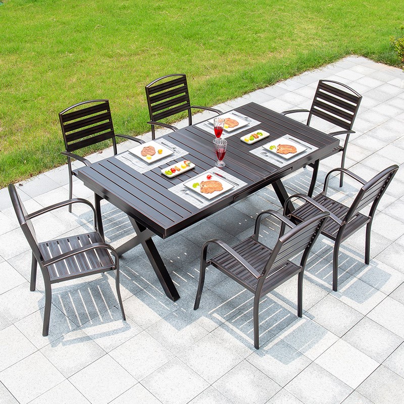 户外桌椅庭院露天阳台防水铸铝长桌别墅花园三R五件套休闲桌椅组