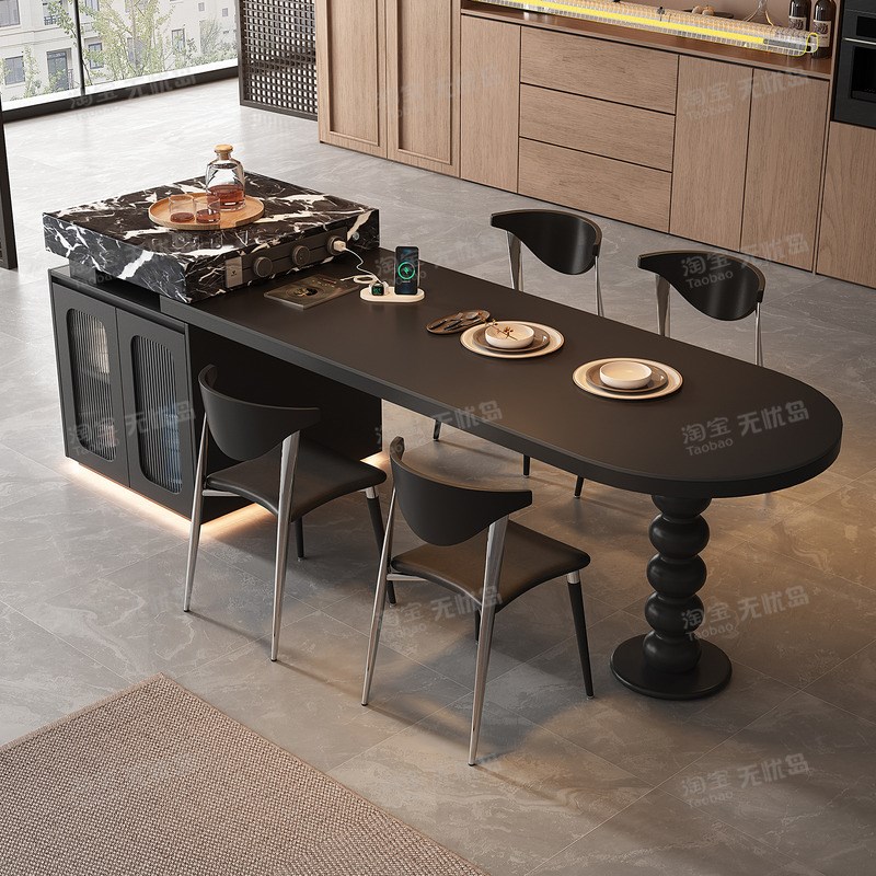 意式极简岛台餐j桌一体可伸缩家用半圆弧形倒台高级厨房岩板中导
