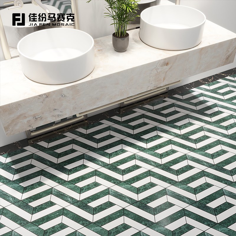 2024新款绿白复古石材马赛克酒店餐厅地K面大理石民宿走廊地面瓷