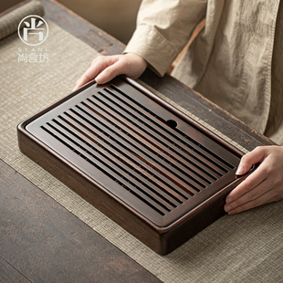 尚言坊黑檀实木简约小型茶盘家用简易茶台一人储水茶具托盘干泡盘