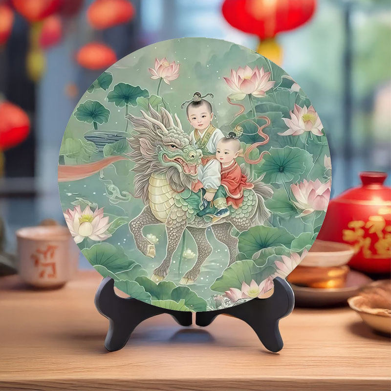 麒麟送子水晶圆盘摆件 双童荷花红灯笼 中式喜庆家居装饰