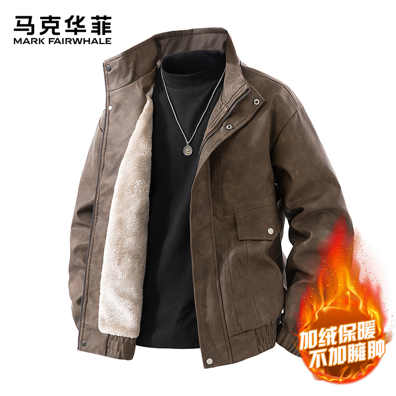马克华菲男士冬季PU皮夹克加绒