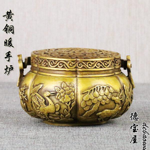 铜香炉纯铜仿古汤婆子纯铜暖手炉碳铜暖炉碳火炉鹤鹿同春取暖小号