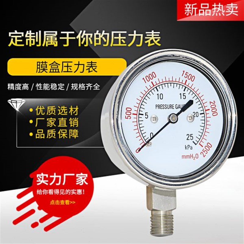 不锈钢膜盒压力表 YE6r0BF微压表天燃气表千帕表KPa耐硫耐腐蚀膜