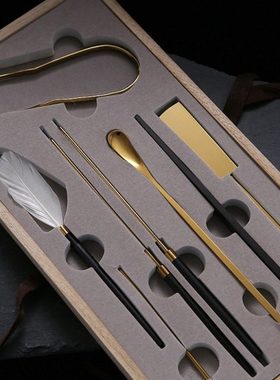 家用室内薰工具香篆香粉空薰用具铜镀金香勺香粉押日式香道七件套