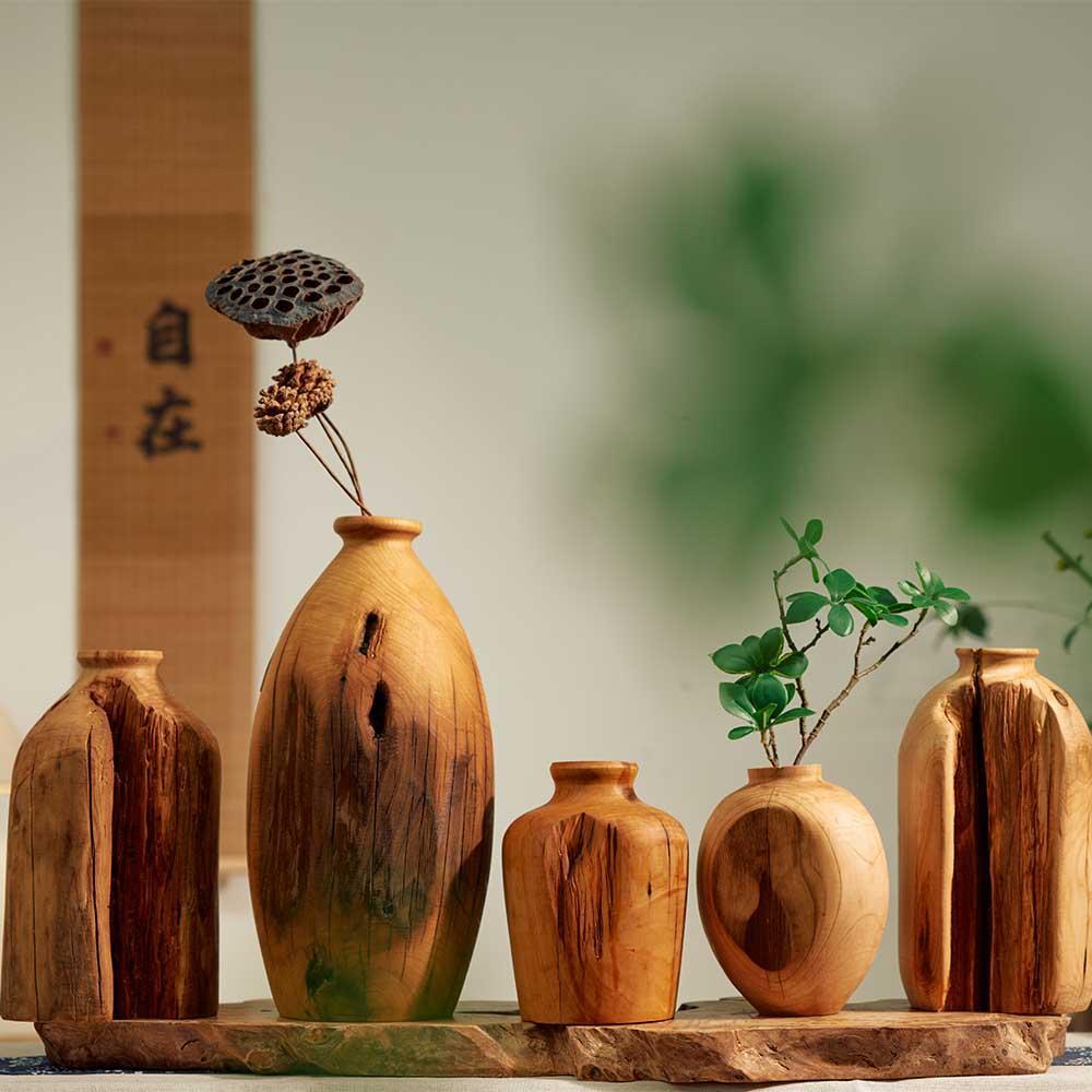 禅意花瓶简约现代自然风化柏木花瓶适用客厅卧室书房实木花瓶侘寂