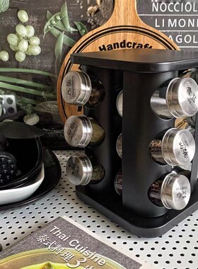 livingbank北欧风黑色旋转调料架厨房调料罐收纳神器调味瓶套装