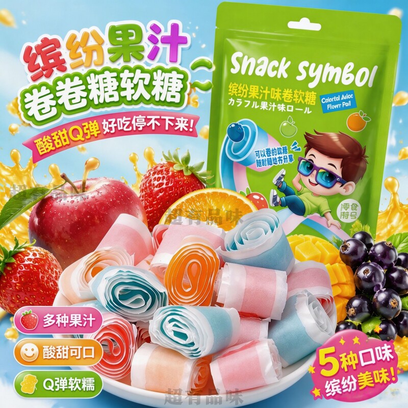 果汁卷软糖缤纷水果味纸卷糖芒果味果C卷果冻橡皮糖休闲儿童零食