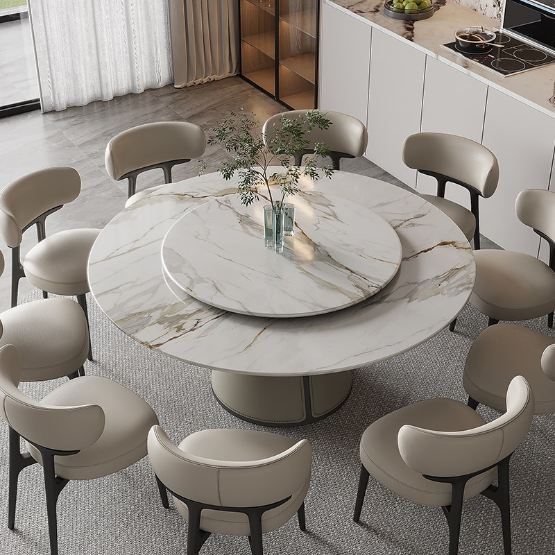 鱼肚金爵士白天然大理石圆形餐桌带转盘电动简约家用意式轻奢高端
