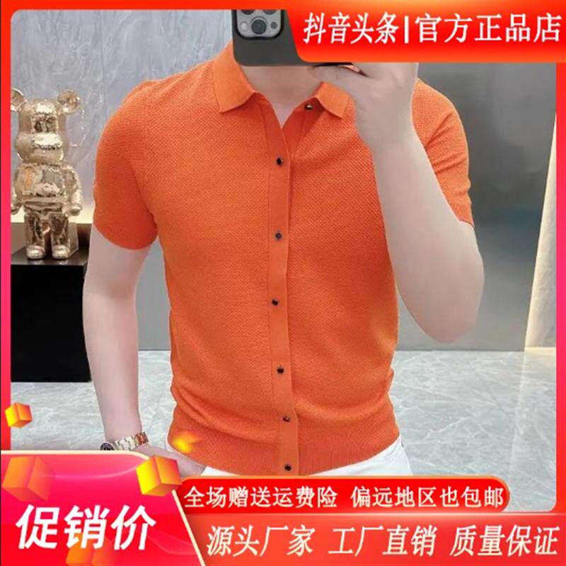 逸尚轻奢男装欧货短袖衬衫男士针织冰丝时尚夏季半袖纯色POLO衫Y