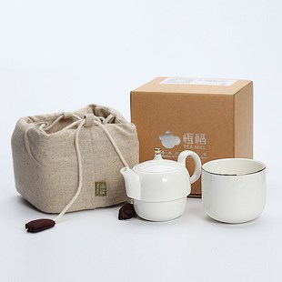 便携棉麻布袋收纳包旅行功夫茶具套装 恒福青白瓷快客杯一壶一杯