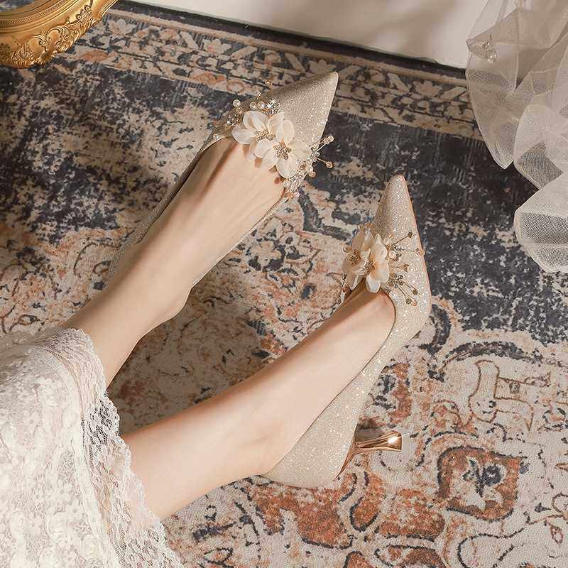 X788-11法式主纱婚鞋香槟金色新娘鞋尖头细跟高跟伴娘鞋加肥40-43,女鞋,婚鞋,淘宝优惠券,粉丝福利购,淘宝优惠卷
