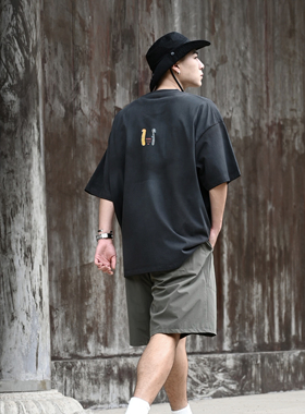 Rushbon 25SS休闲复古宽松做旧玉佩廓形双纱圆领短袖T恤男夏季tee