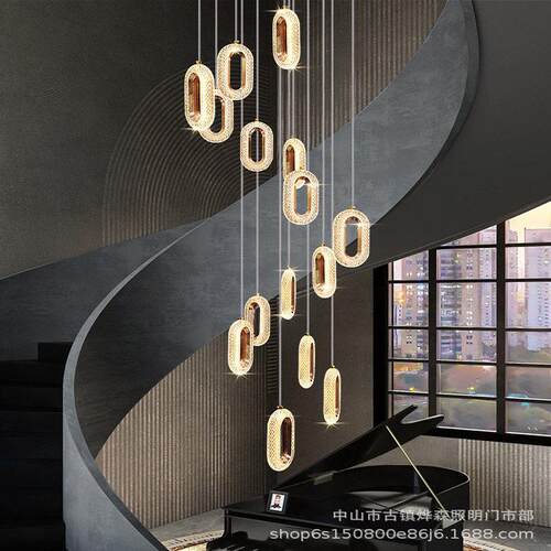 楼梯吊灯现简约别墅复式楼中空loft旋转楼梯间极简超长方框灯具