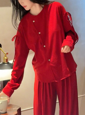 〈红运暖居〉2026年红色新中式德绒新年红长裤长袖睡衣家居服套装