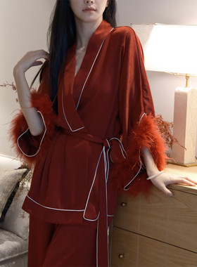 〈绯色帷幕〉轻奢高级感贵妇鸵鸟毛红色新娘结婚晨袍家居睡衣套装