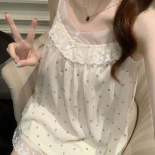 女 夏季 新款 睡衣女云朵棉蕾丝v领吊带短裤 固定胸垫甜美家居服套装