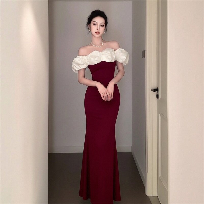 一字肩晚礼服女高级感修身显瘦鱼尾长款订婚敬酒服宴会气质连衣裙