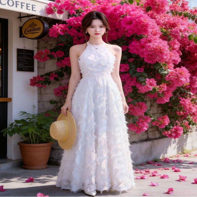 挂脖流苏羽毛连衣裙女仙气露肩海边三亚度假出游拍照出片仙女长裙
