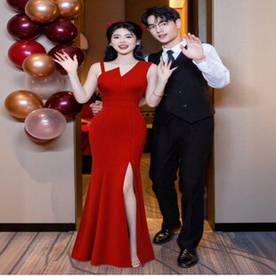 斜肩不对称吊带鱼尾敬酒服高腰开叉修身新娘结婚回门长款晚礼服裙