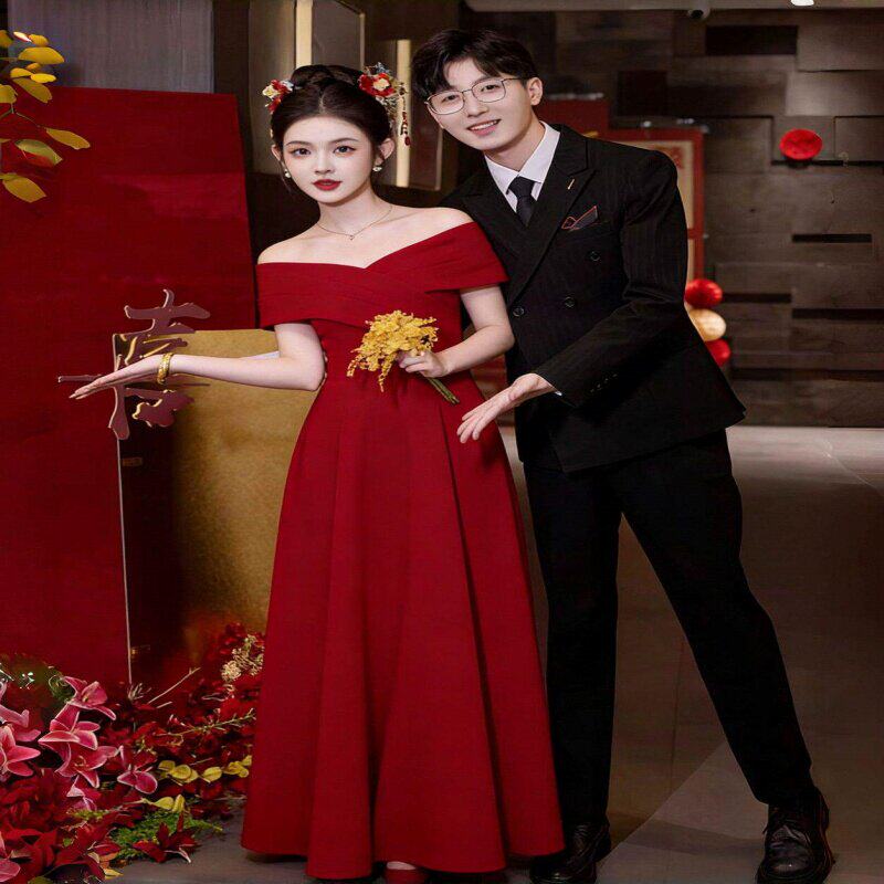 2026新款一字肩伴娘服长款显瘦姐妹团礼服高级感婚礼仙气连衣裙