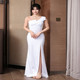 白色晚礼服轻奢小众高级感性感长款 单肩鱼尾裙气质名嫒宴会主持人