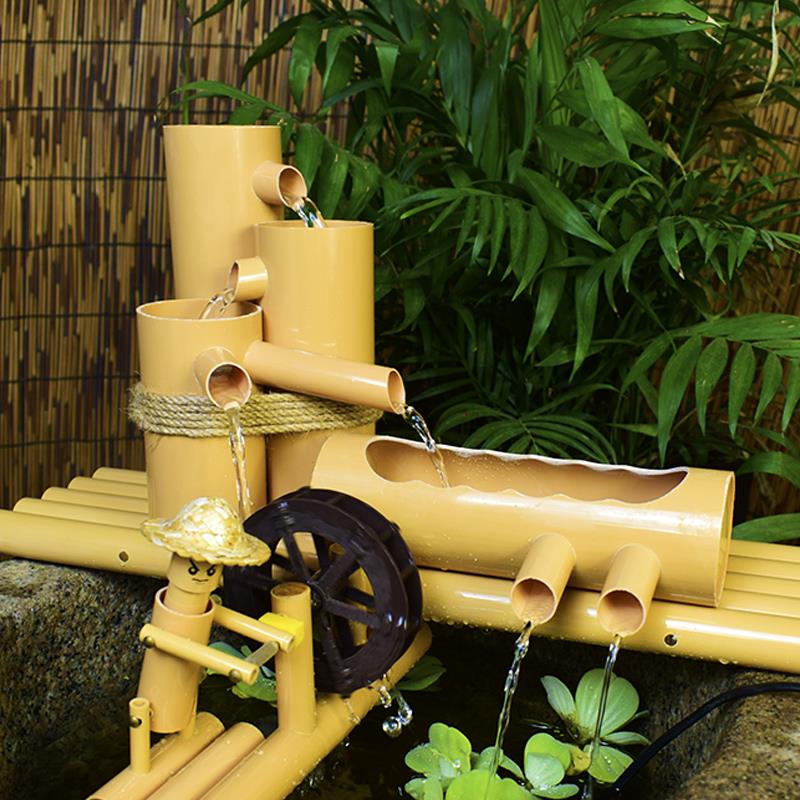 圆形缸过滤器流水器养鱼缸水循环水车竹子造景流水器 PVC流水摆件