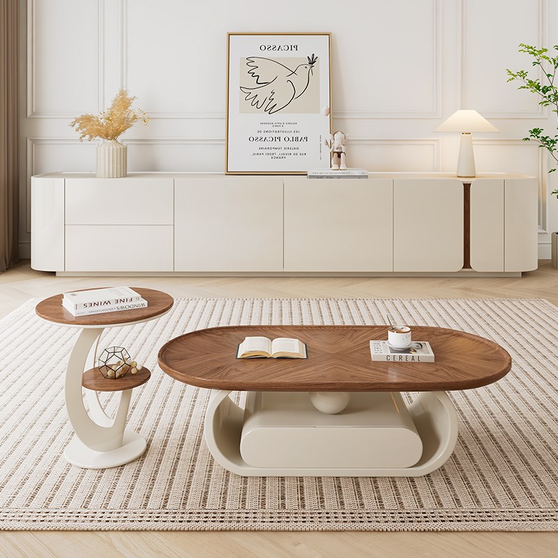 纯实木落地电视柜茶几组合现代简约小户型客厅奶油风岩板电视柜新