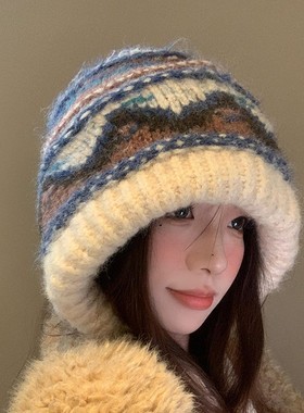 复古费尔岛针织巴拉克拉法帽子女款秋冬季天保暖显脸小毛线帽灰色